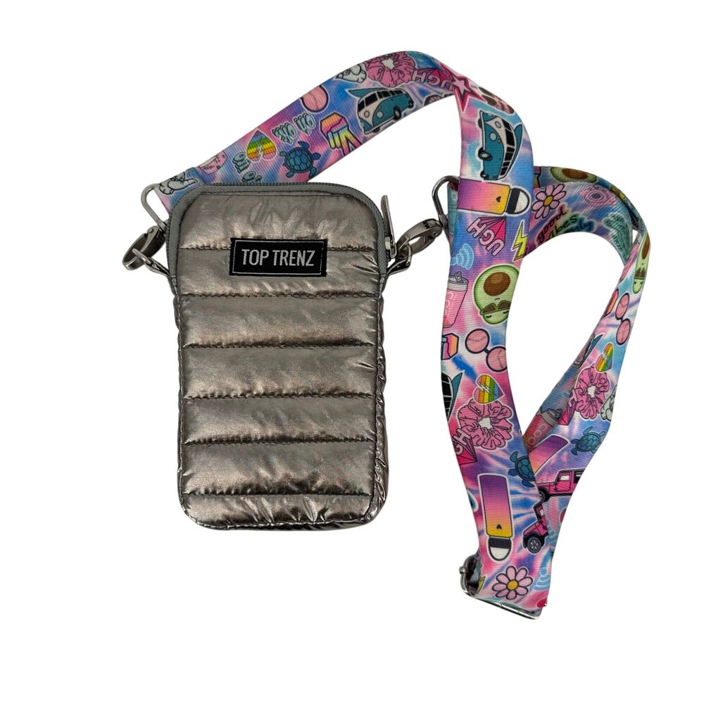 Top Trenz Silver Puffer Crossbody Cell Phone Bag with Graphic Print Strap